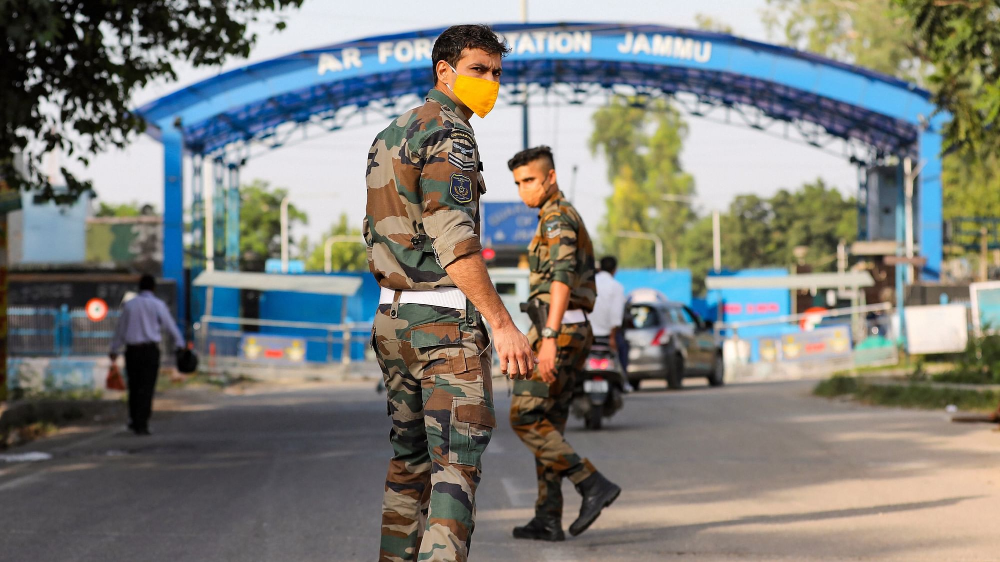 Security personnel patrol after two low intensity explosions reported in the technical area of Jammu Air Force Station in the early hours of Sunday.&nbsp;