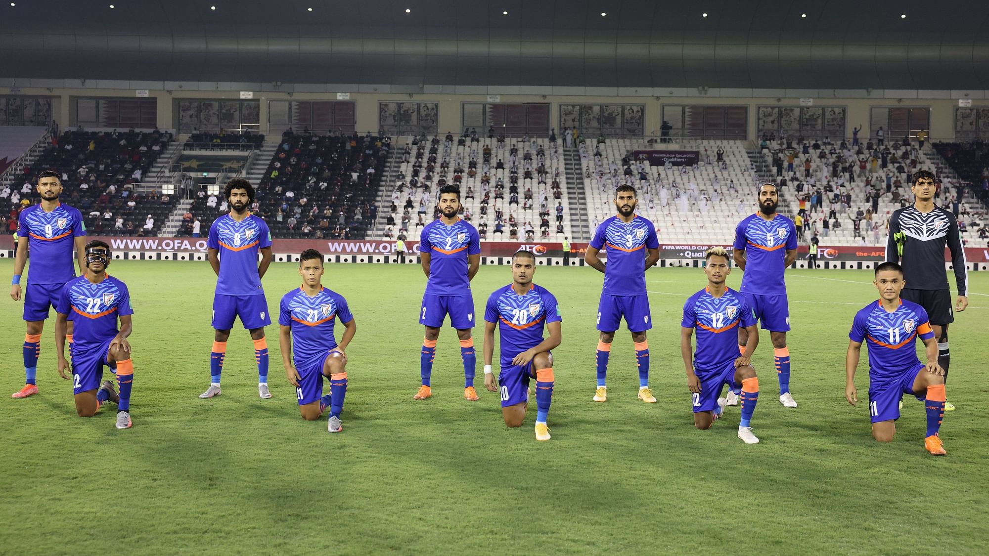 Indian men’s football team pose for a picture ahead of their game against Qatar