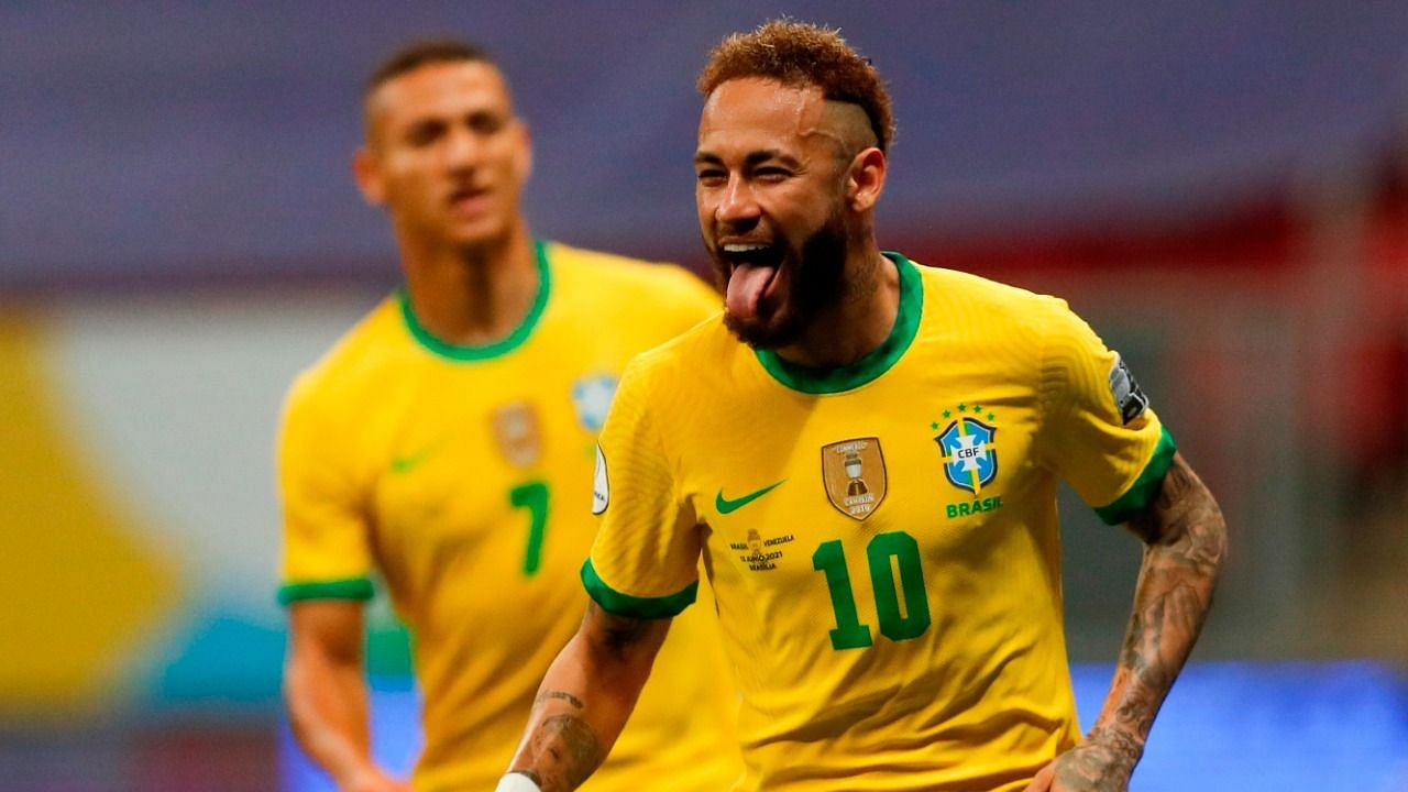Neymar celebrates his goal against Venezuela.&nbsp;