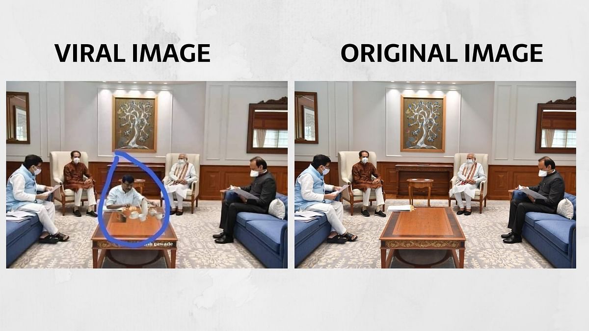 The image has been edited to add Sanjay Raut’s image from March 2020 where he could be seen playing a harmonium.