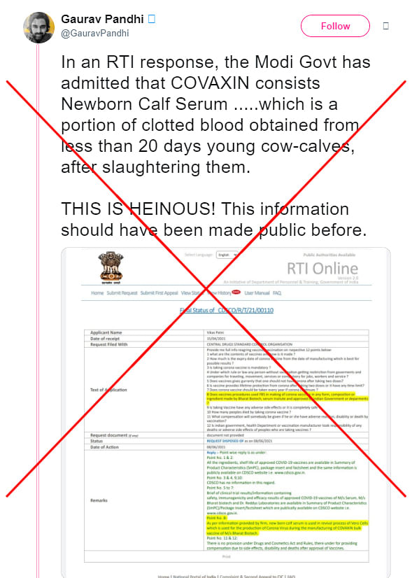 While the Covaxin’s COVID-19 vaccine does use new born calf serum (NBCS), it is not present in the final product.