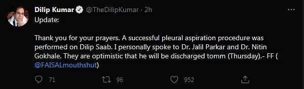 Dilip Kumar's official Twitter handle shared that his operation was a success. 