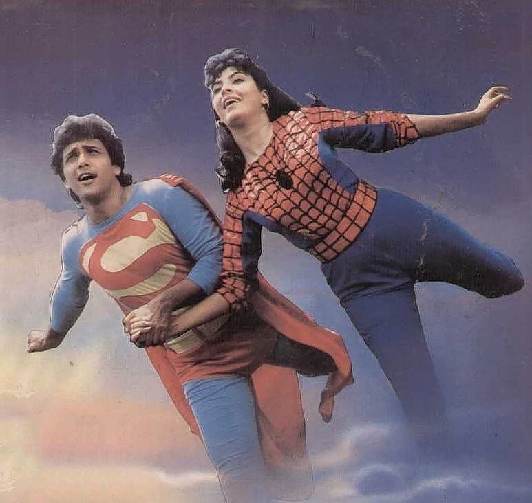 <div class="paragraphs"><p>Govinda as Superman and Kimi Katkar as Superlady</p></div>