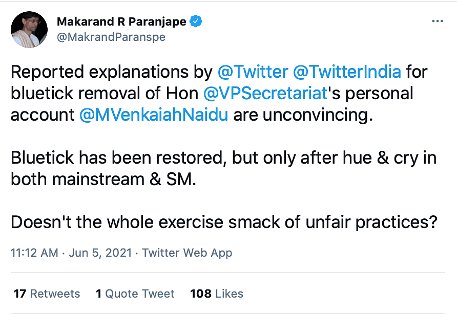 Twitter Drops Blue Tick from VP Naidu’s Account, Restores Later