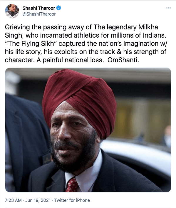 Home Minister Amit Shah, too, condoled Milkha Singh’s death on Twitter.