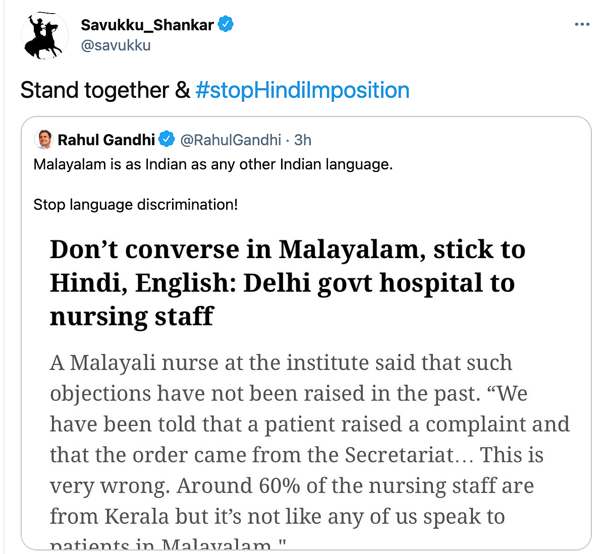 Malayali Nurses Asked to Speak in Hindi in Delhi, Twitter Reacts