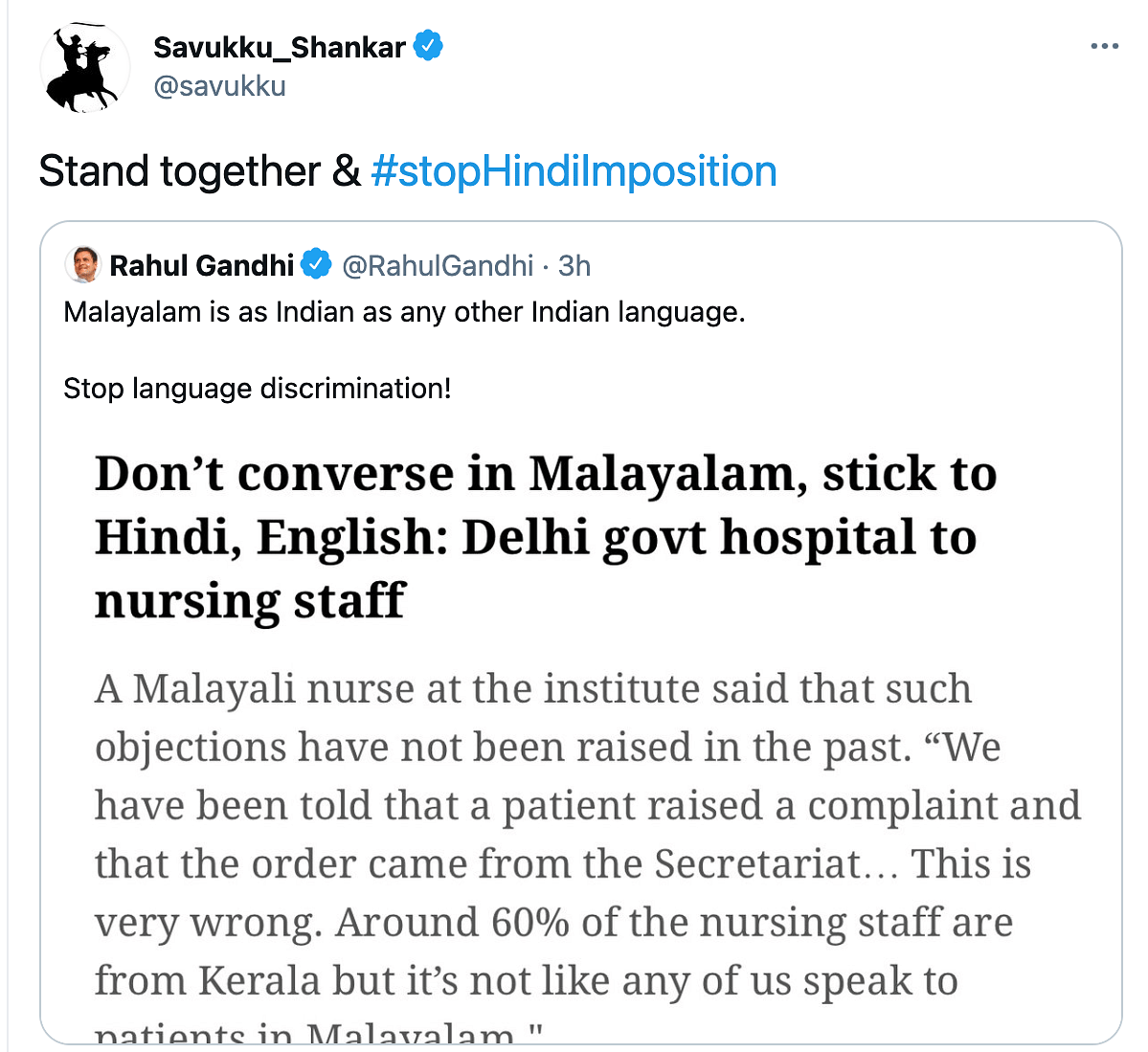 #StopHindiImposition trends on Twitter as nurses in Delhi were banned from speaking in Malayalam.