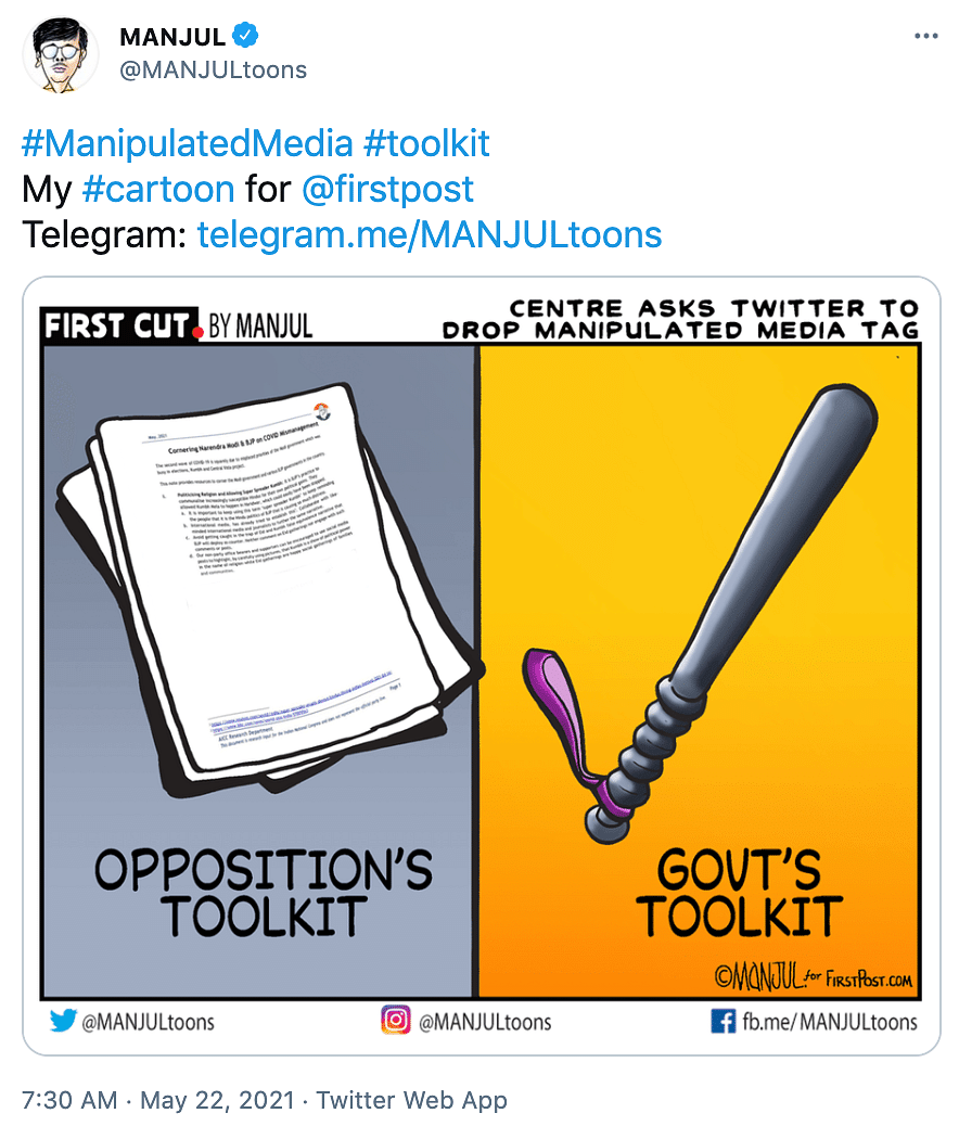 The government alleged that one of Cartoonist Manjul’s tweets “violates the law(s) of India”.
