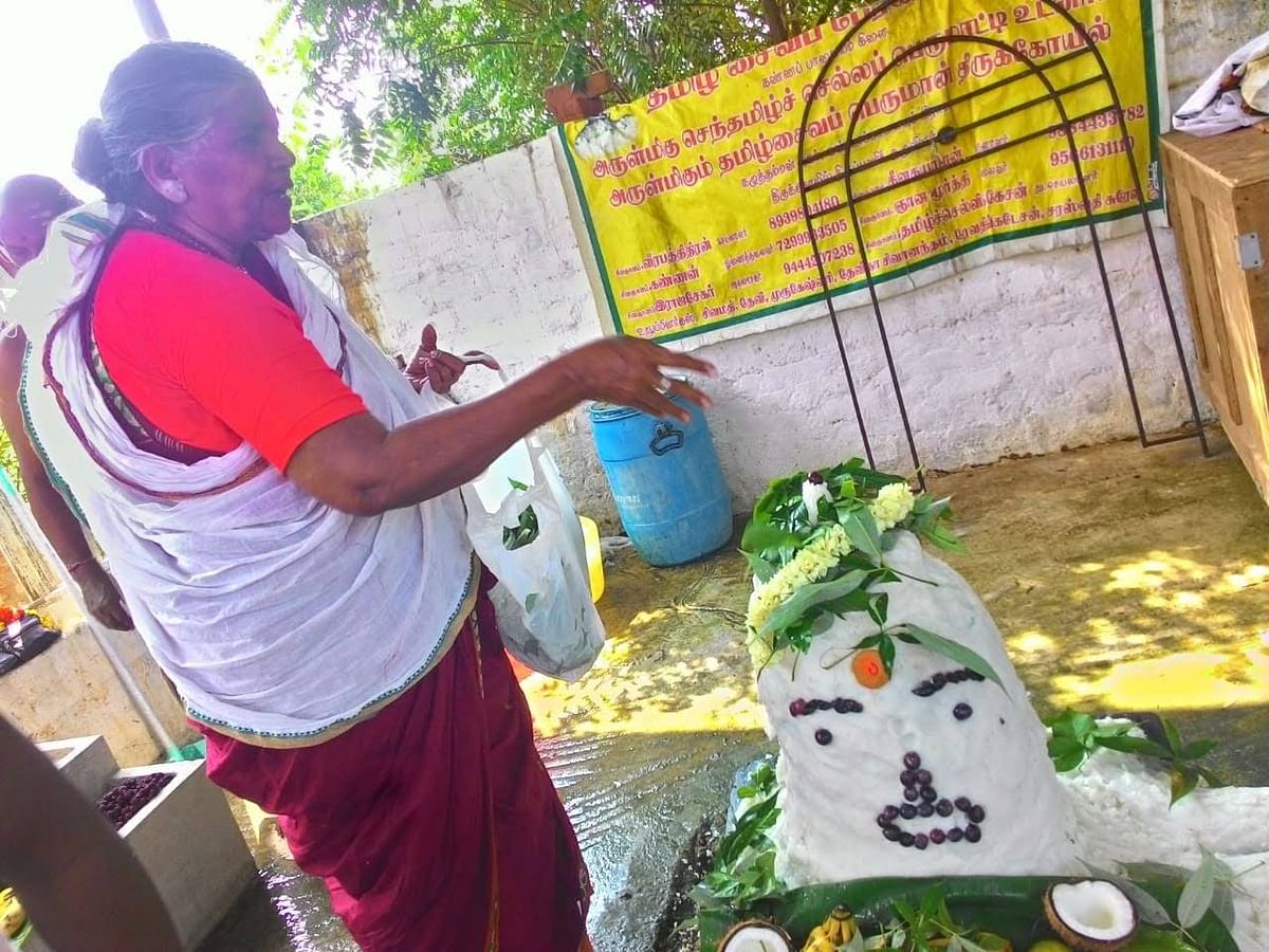 <div class="paragraphs"><p>Natarajan performs puja for the temple deity, decorated with rice and grapes</p></div>