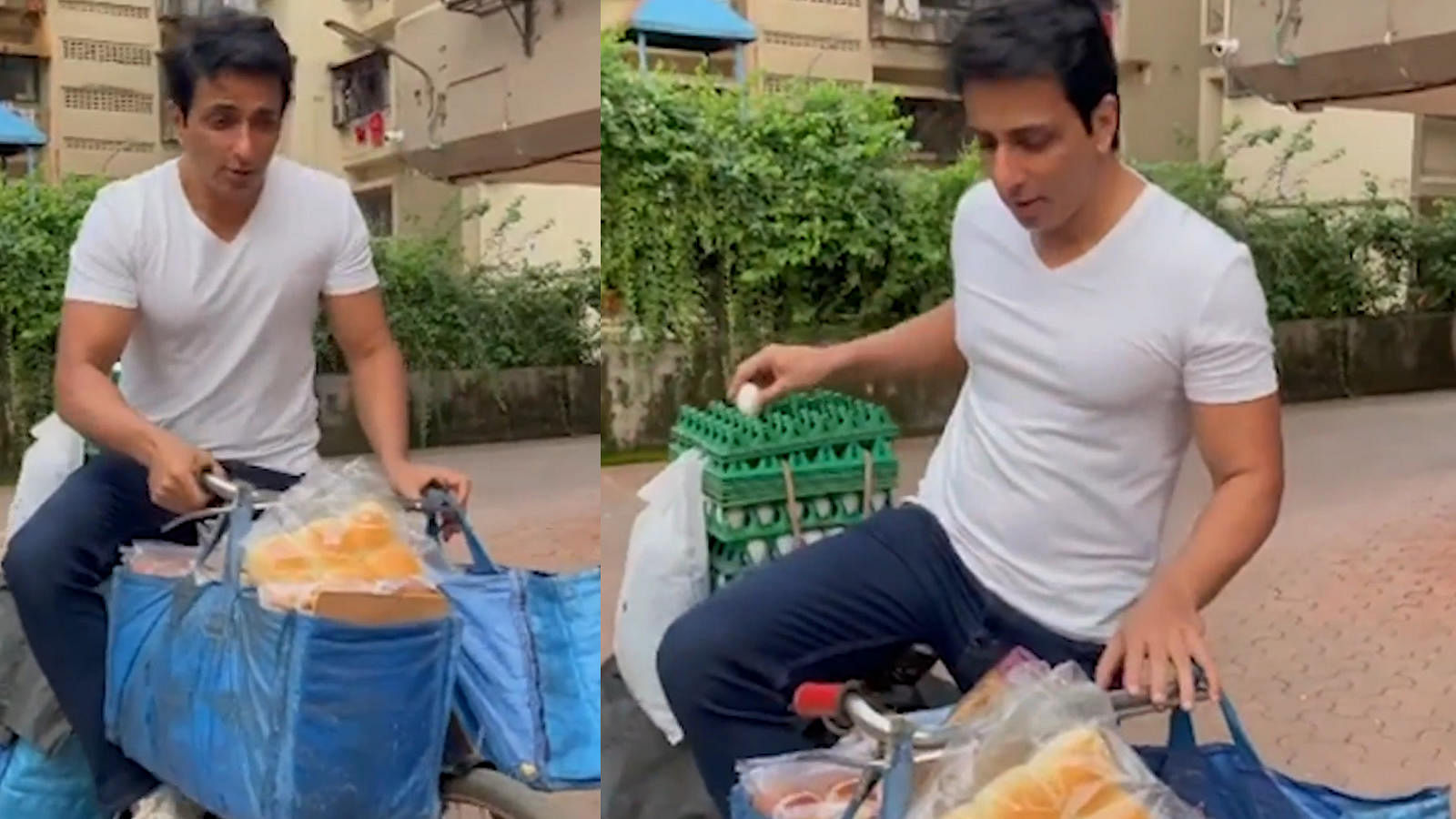<div class="paragraphs"><p>Sonu Sood sells eggs, bread and biscuits on a bicycle.&nbsp;</p></div>
