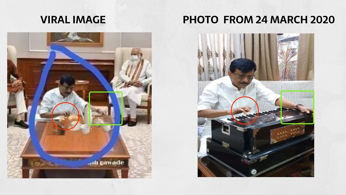 The image has been edited to add Sanjay Raut’s image from March 2020 where he could be seen playing a harmonium.