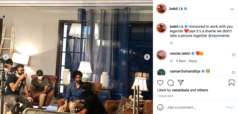 <div class="paragraphs"><p>Babil's post on Instagram about working with Shoojit Sircar and Ronnie Lahiri.</p></div>