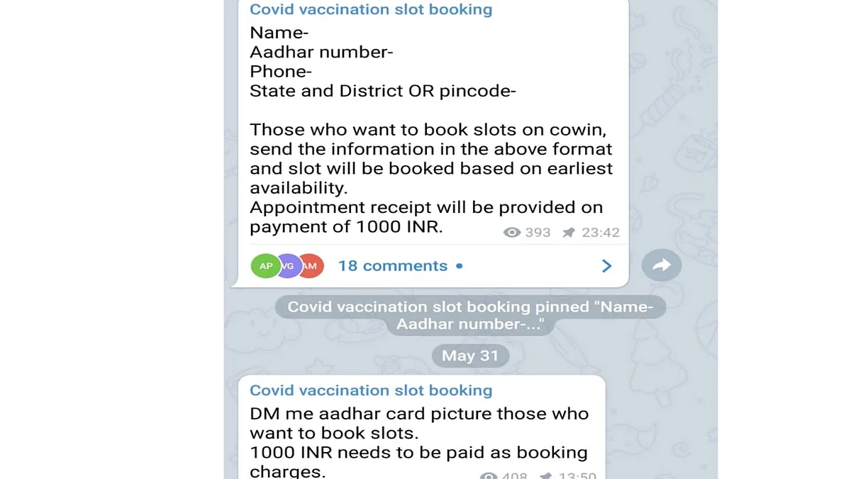 <div class="paragraphs"><p>Screenshot of a Telegram group asking money for booking vaccines.</p></div>