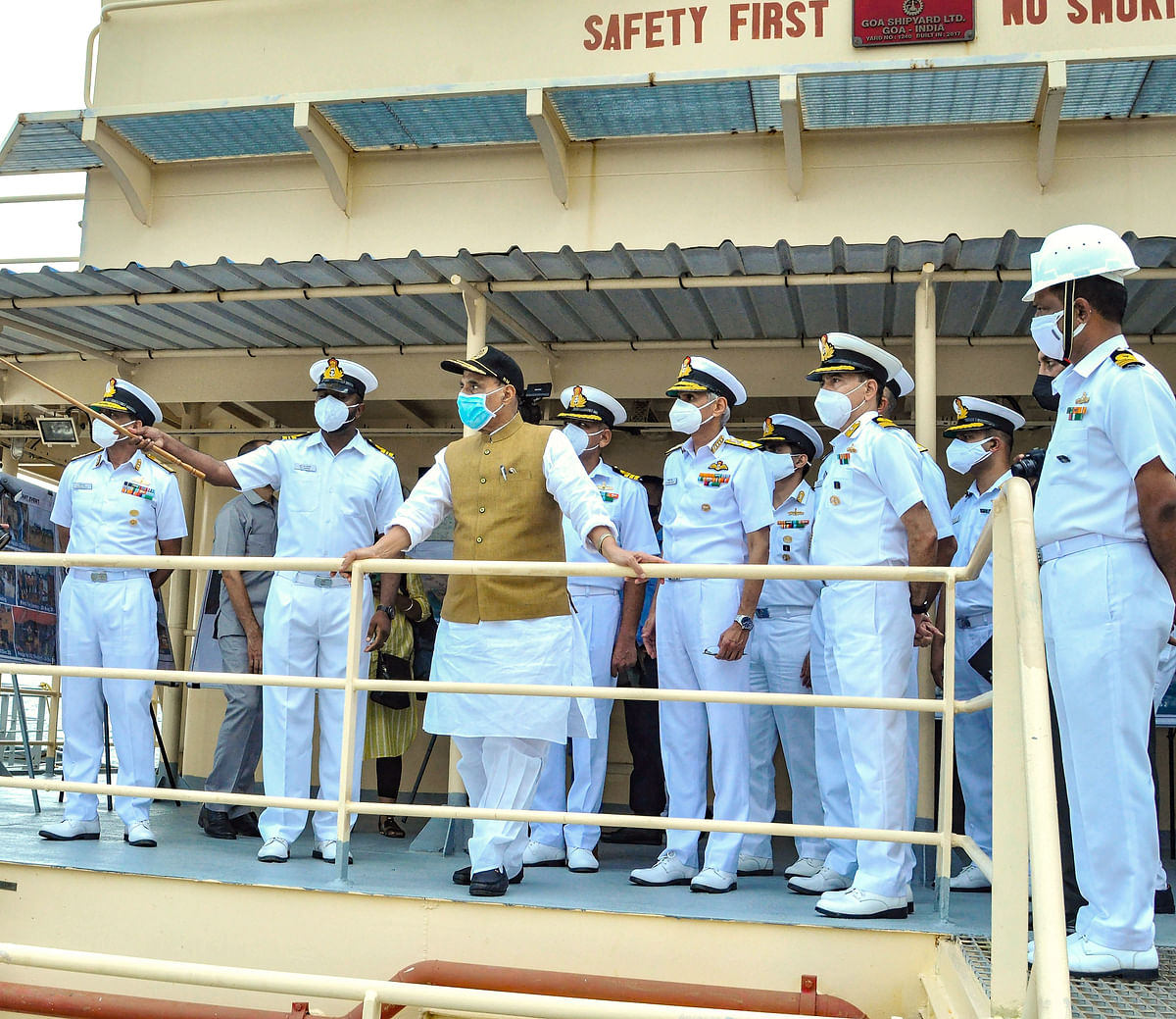 Defence Minister Rajnath Singh reviews development work at Karwar Naval Base.