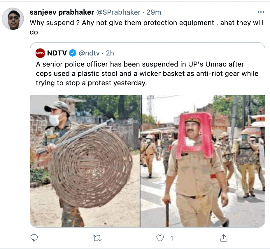 Cops in Unnao, Uttar Pradesh, were seen using wicker baskets and plastic stools as protection gear.