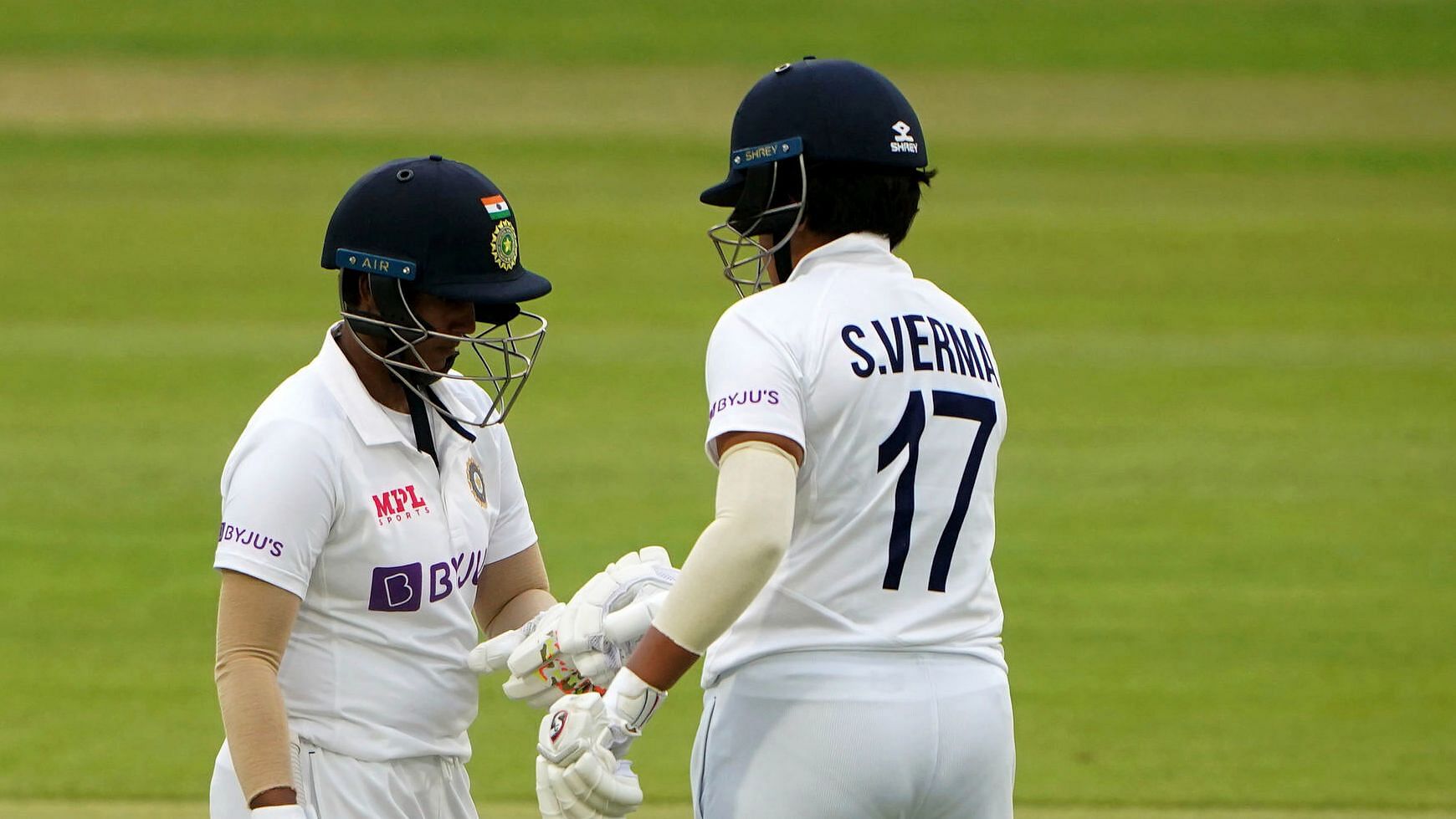 India’s Shafali Verma, right, and Deepti Sharma during day three of the Women’s Test match between England and India at the Bristol County Ground in Bristol.