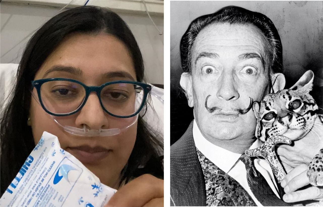 A collage created by my friend, SidSen. I’m (L) holding up an ice pack (for IV cannula pain). Oxygen through a nasal tube. That’s a photo of Salvador Dali with his cat on the right.