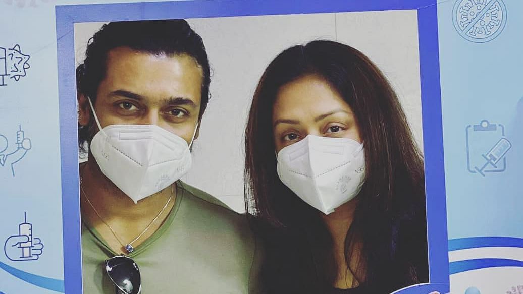 <div class="paragraphs"><p>Actor-couple Suriya and Jyothika take their COVID vaccines.</p></div>