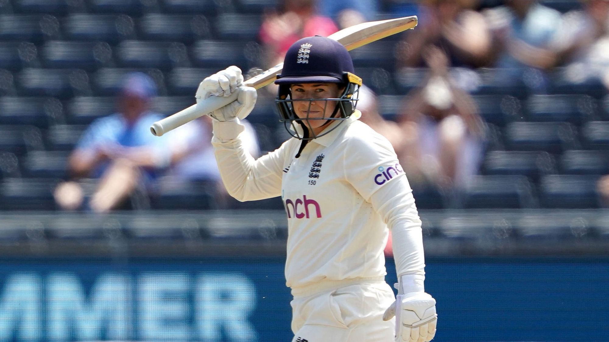 Bristol: England’s Tammy Beaumont celebrates her half-century during day one of the Women’s International Test match between England and India at the Bristol County Ground in Bristol, England, Wednesday June 16, 2021.