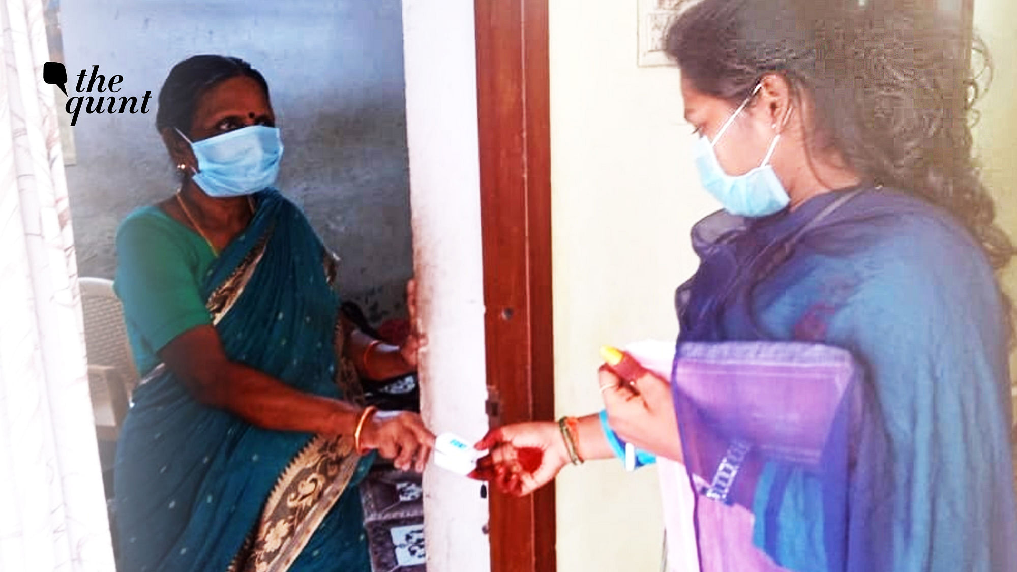 Jeevitha M, a 21-year-old, takes an pulse oximeter reading. Scores of youngsters from Chennai’s slums have turned to COVID surveyor duty to earn a living, as their parents have lost their jobs thanks to multiple lockdowns.