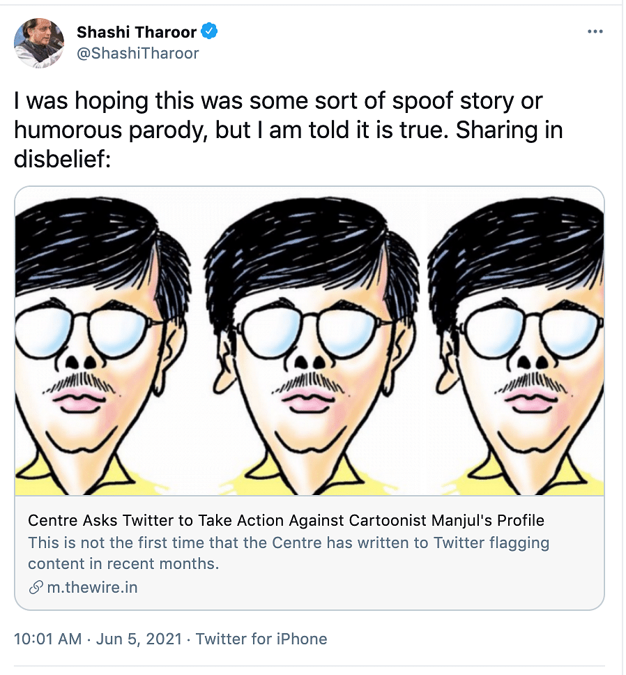 The government alleged that one of Cartoonist Manjul’s tweets “violates the law(s) of India”.