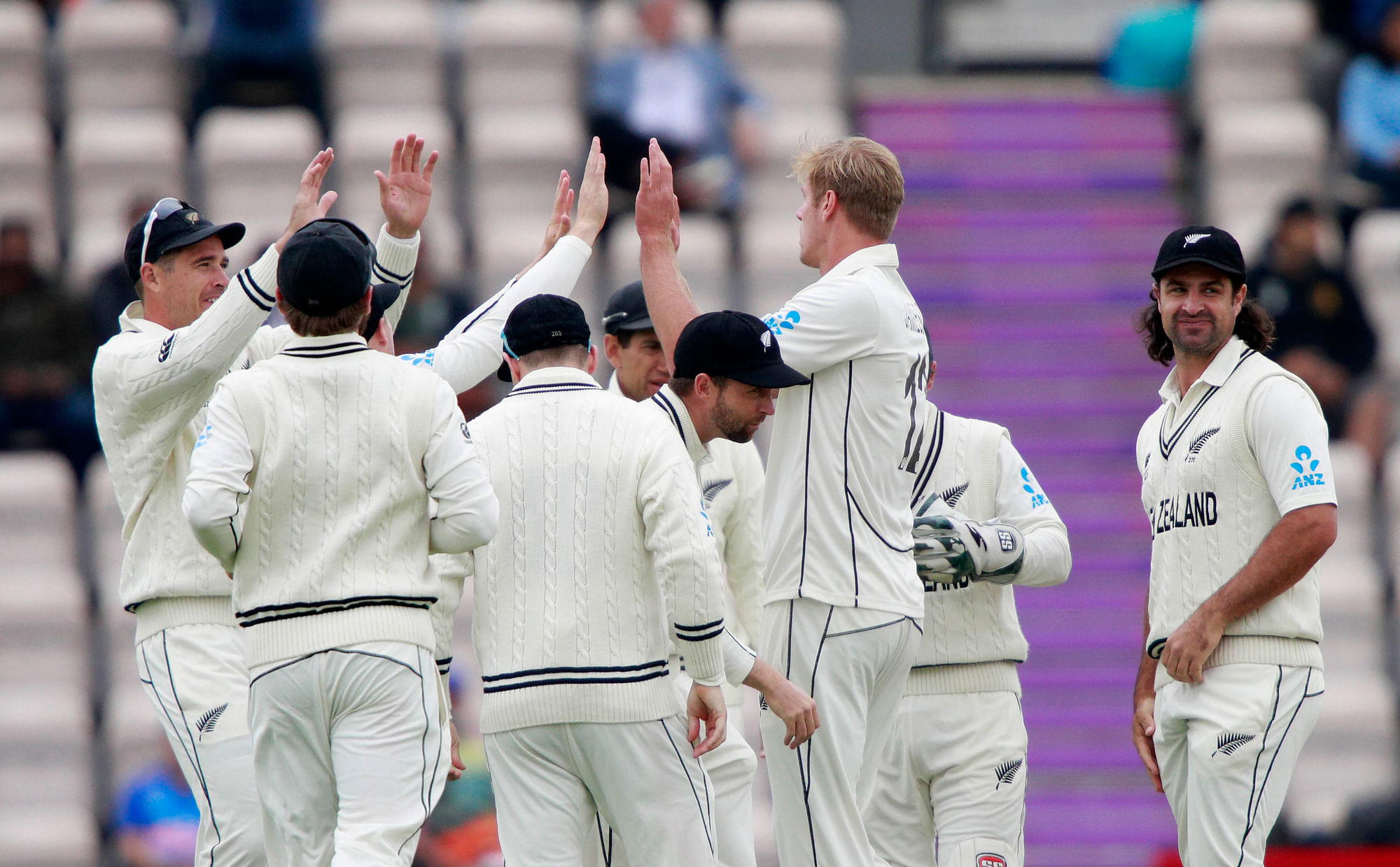 Southampton: New Zealand’s Kyle Jamieson, second right, celebrates with teammates the dismissal of India’s captain Virat Kohli during the third day of the World Test Championship final cricket match between New Zealand and India.