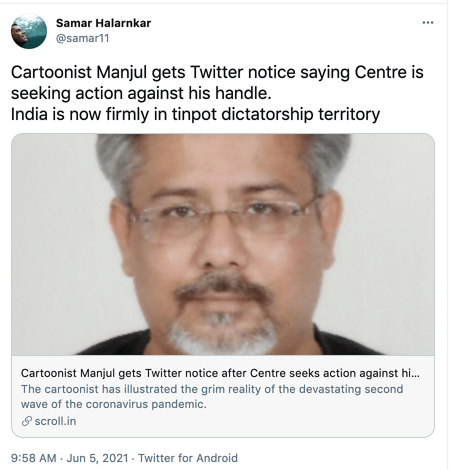 The government alleged that one of Cartoonist Manjul’s tweets “violates the law(s) of India”.
