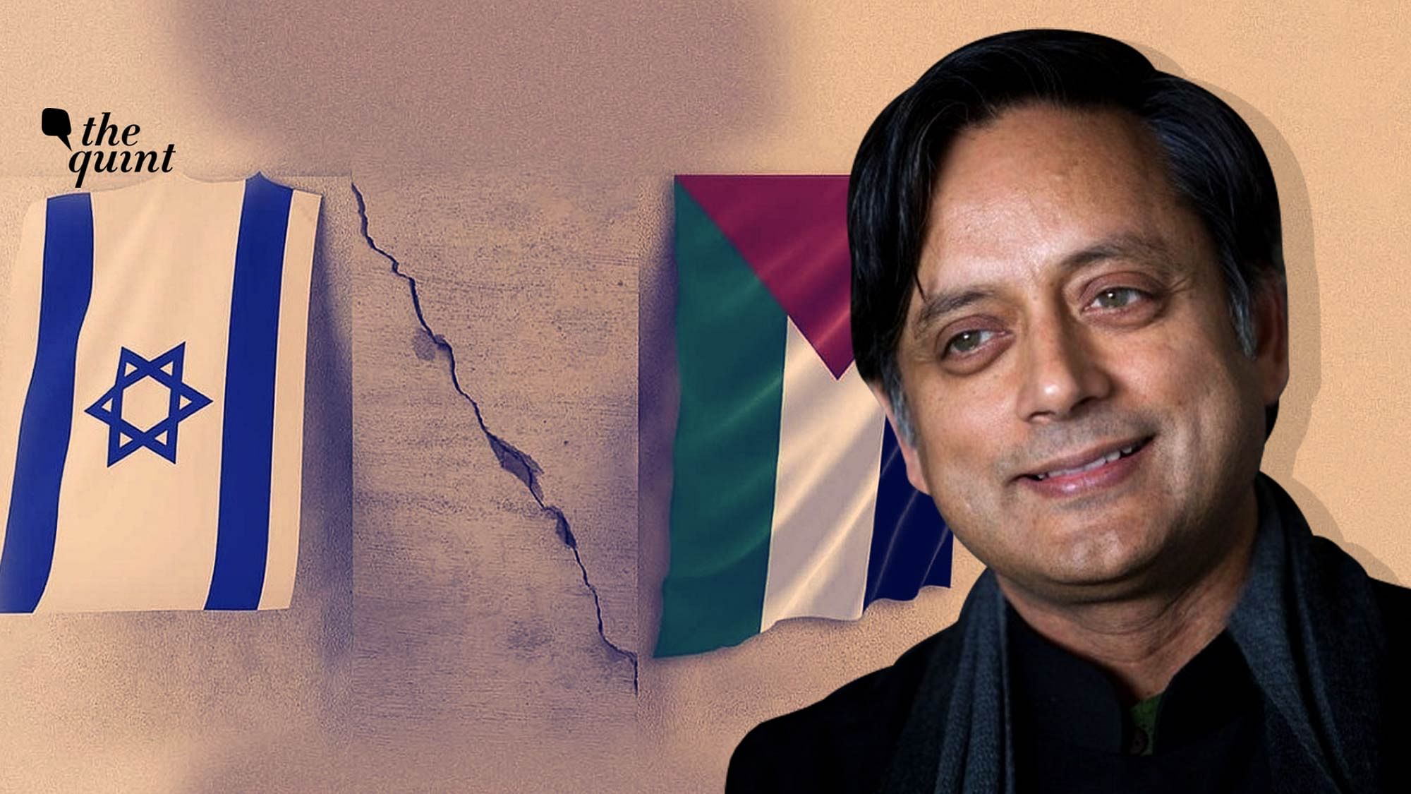 Image of Dr Shashi Tharoor, the author of this op-ed, in the foreground, and flags of Israel &amp; Palestine in the background, used for representational purposes.