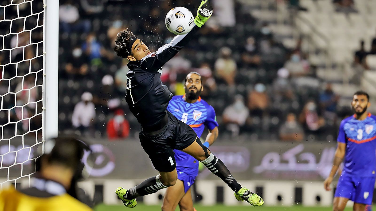 Gurpreet Singh Sandhu in action against Qatar in Doha