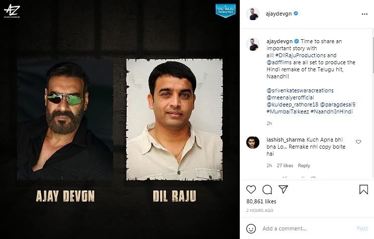 Ajay Devgn also announced that Dil Raju will bankroll the film. 