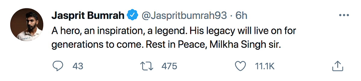 The Indian sports fraternity paid their tribute to track legend Milkha Singh, who passed away on Friday night.