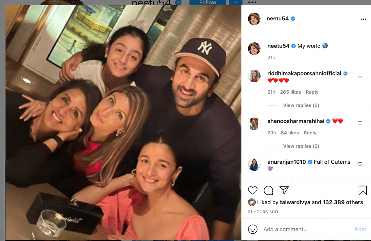 "My world", wrote Neetu Kapoor on Instagram as she shared a photo of a get-together with Alia, Ranbir.