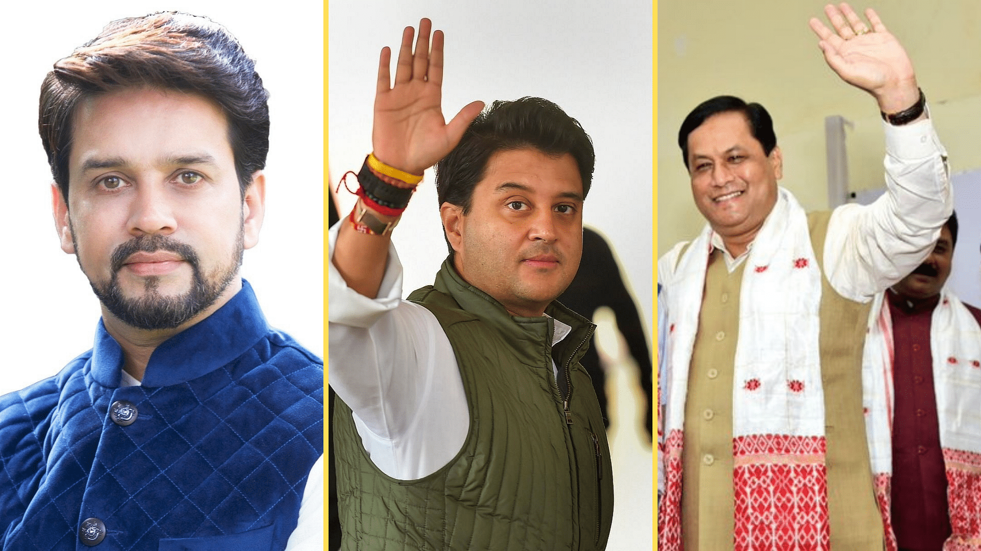 <div class="paragraphs"><p>Former Chief Ministers of Maharashtra and Assam –Narayan Rane and Sarbananda Sonowal (right) – were inducted into the cabinet along with Anurag Singh Thakur (left), and Rajya Sabha MP Jyotiraditya Scindia (centre).</p></div>