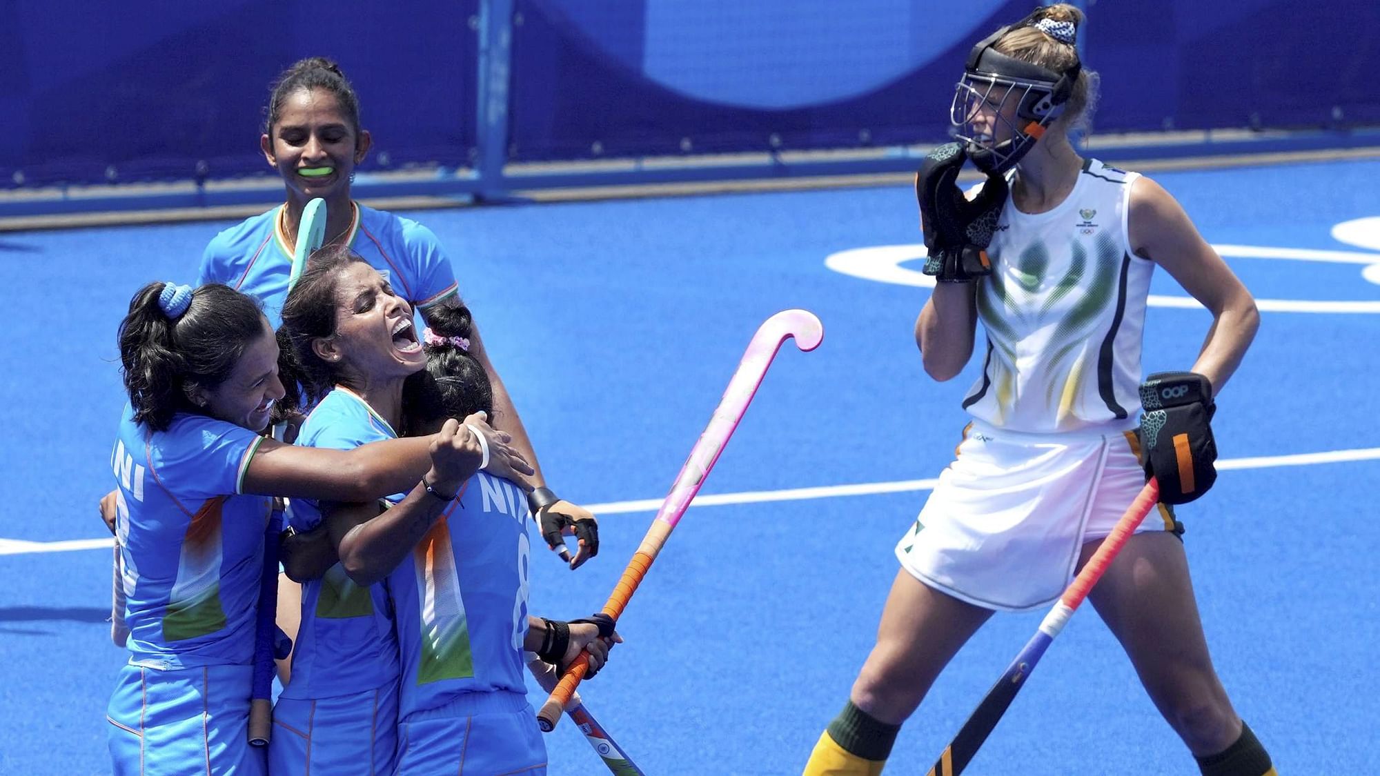 <div class="paragraphs"><p>India's women's hockey team celebrates a crucial 4-3 win against South Africa in the 2020 Tokyo Olympics.&nbsp;</p></div>