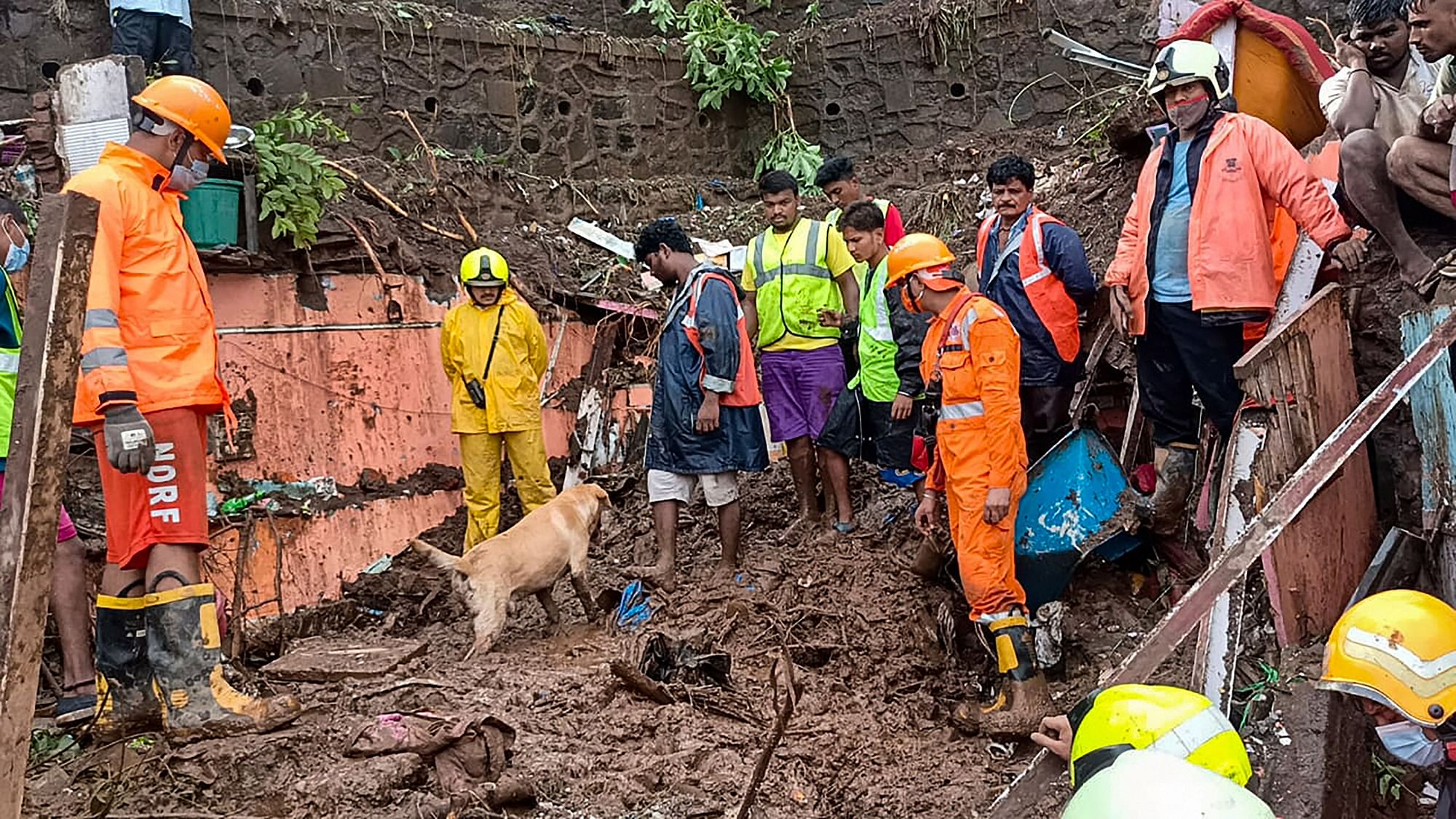 <div class="paragraphs"><p>Firemen and rescue workers after a wall collapsed on some shanties in Chembur's Bharat Nagar area due to a landslide, in Mumbai on 18 July.</p></div>