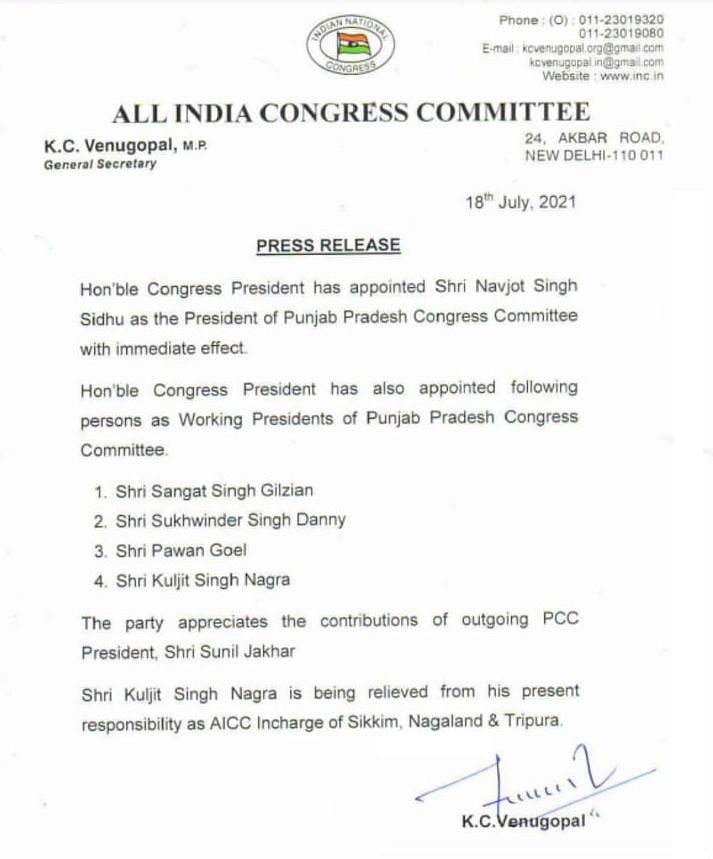 Congress leader Navjot Singh Sidhu was on Sunday, 18 July, appointed the chief of the party's Punjab unit.