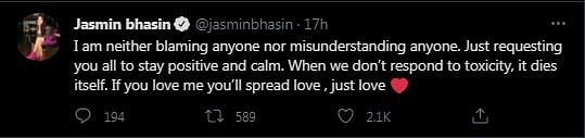 Aly Goni's partner Jasmin Bhasin also asked her fans to be respectful, in a tweet. 