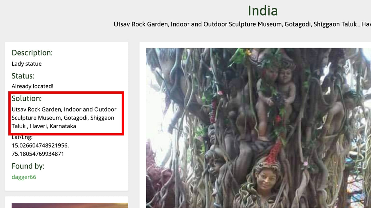The artistic banyan tree sculpture is in the Utsav Rock Garden in Karnataka, not Uttar Pradesh.