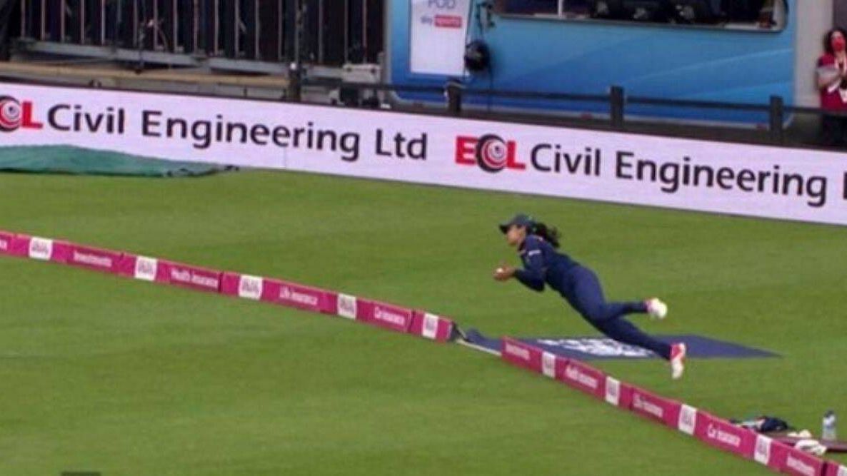 <div class="paragraphs"><p>Harleen Deol completes a fantastic catch at the boundary against England&nbsp;</p></div>
