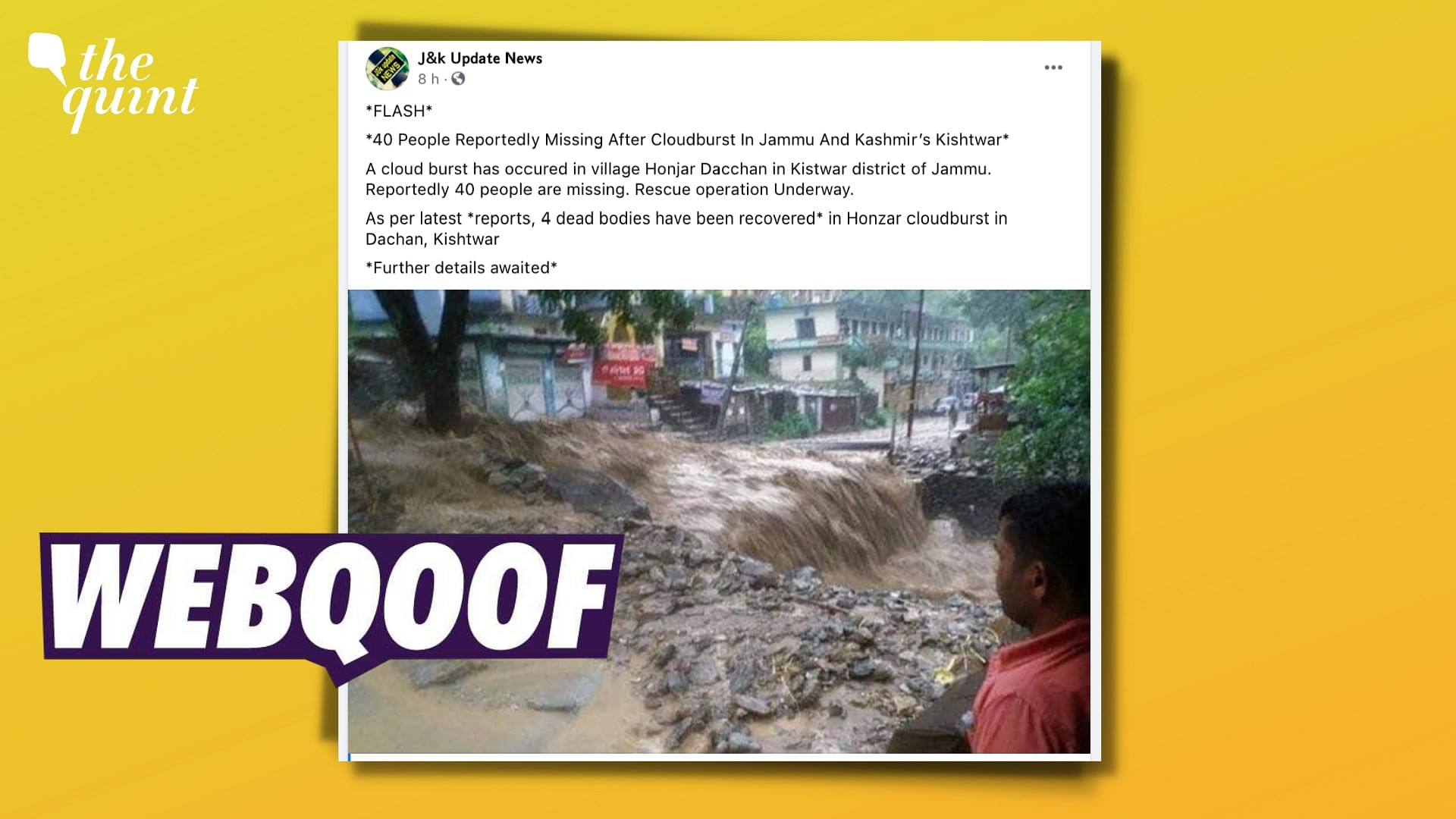 <div class="paragraphs"><p>Fact-Check | The photo claims to be of the cloudburst that took place in the Kishtwar district of Jammu and Kashmir but we found that it was an old one from Uttarakhand.</p></div>