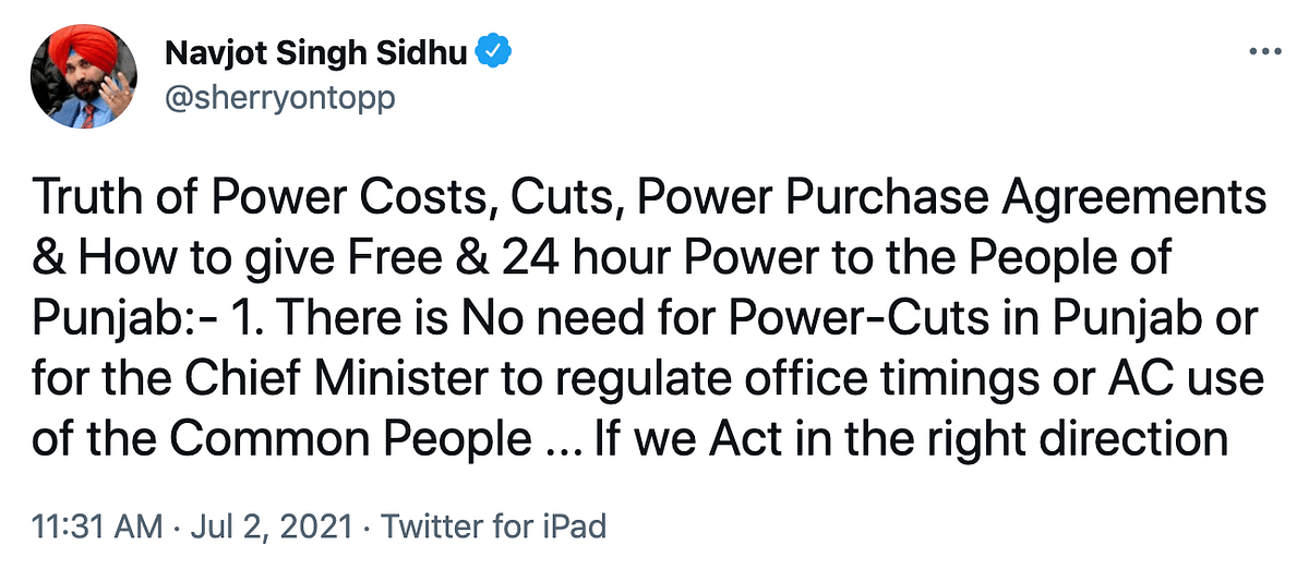 Amid row over power cuts, Navjot Singh Sidhu took to Twitter to talk about 'how to give free electricity to Punjab'.
