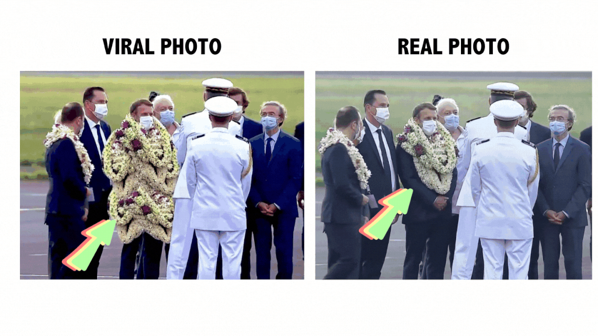 The French President's photo was morphed to add more flower garlands than actually present.