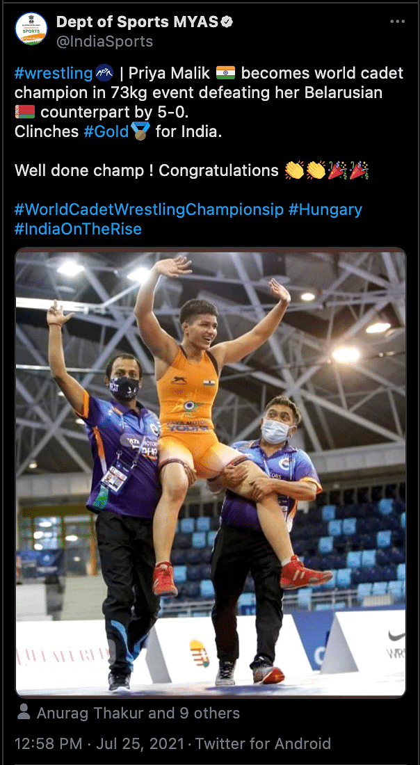 The wrestler's win was misunderstood by many social media users as a wrestling gold medal at Tokyo Olympics.