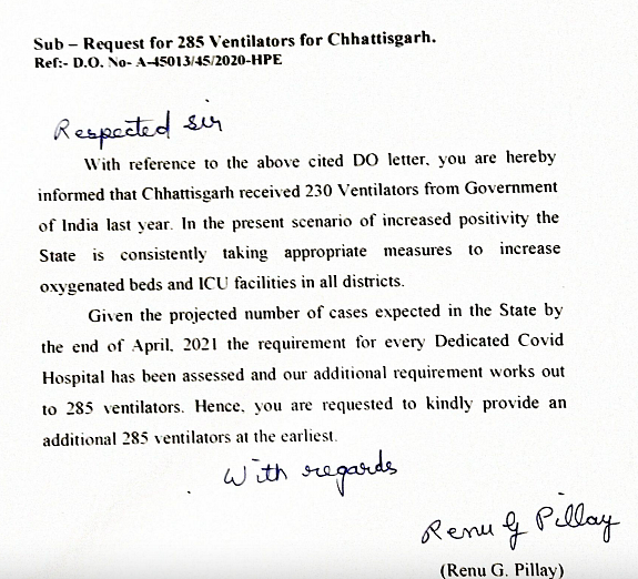<div class="paragraphs"><p>Screenshot of the letter written by Chhattisgarh Health Secretary to Union Health Secretary demanding 285 ventilators. </p></div>
