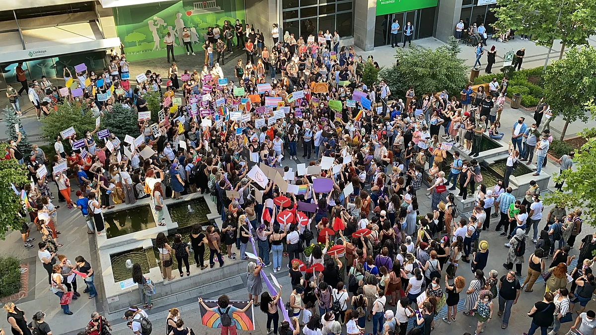 <div class="paragraphs"><p>Women protest against Turkey's withdrawal from the Istanbul Convention on 1 July.</p></div>