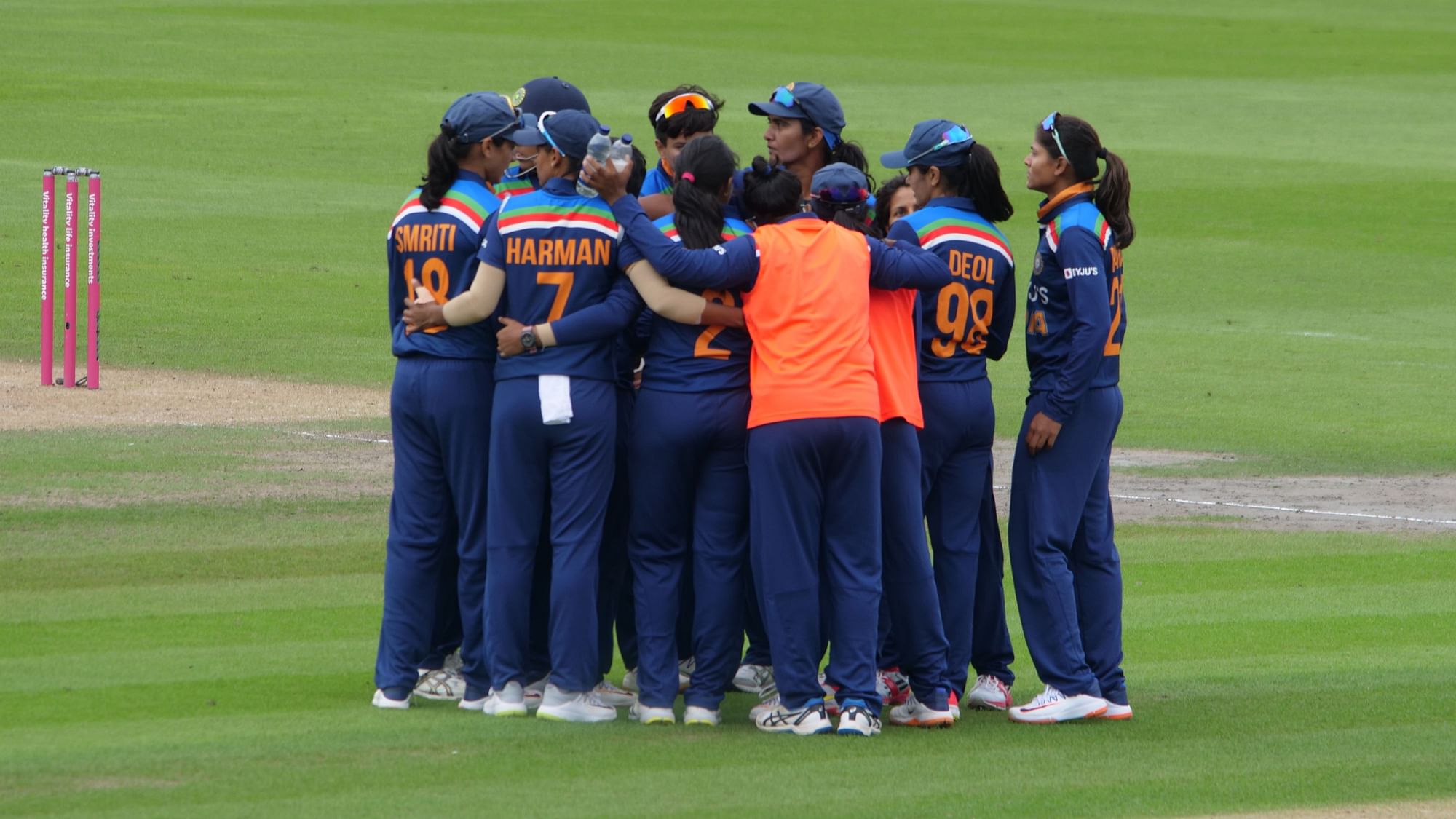 <div class="paragraphs"><p>The Indian women's team in a huddle during their game against England</p></div>
