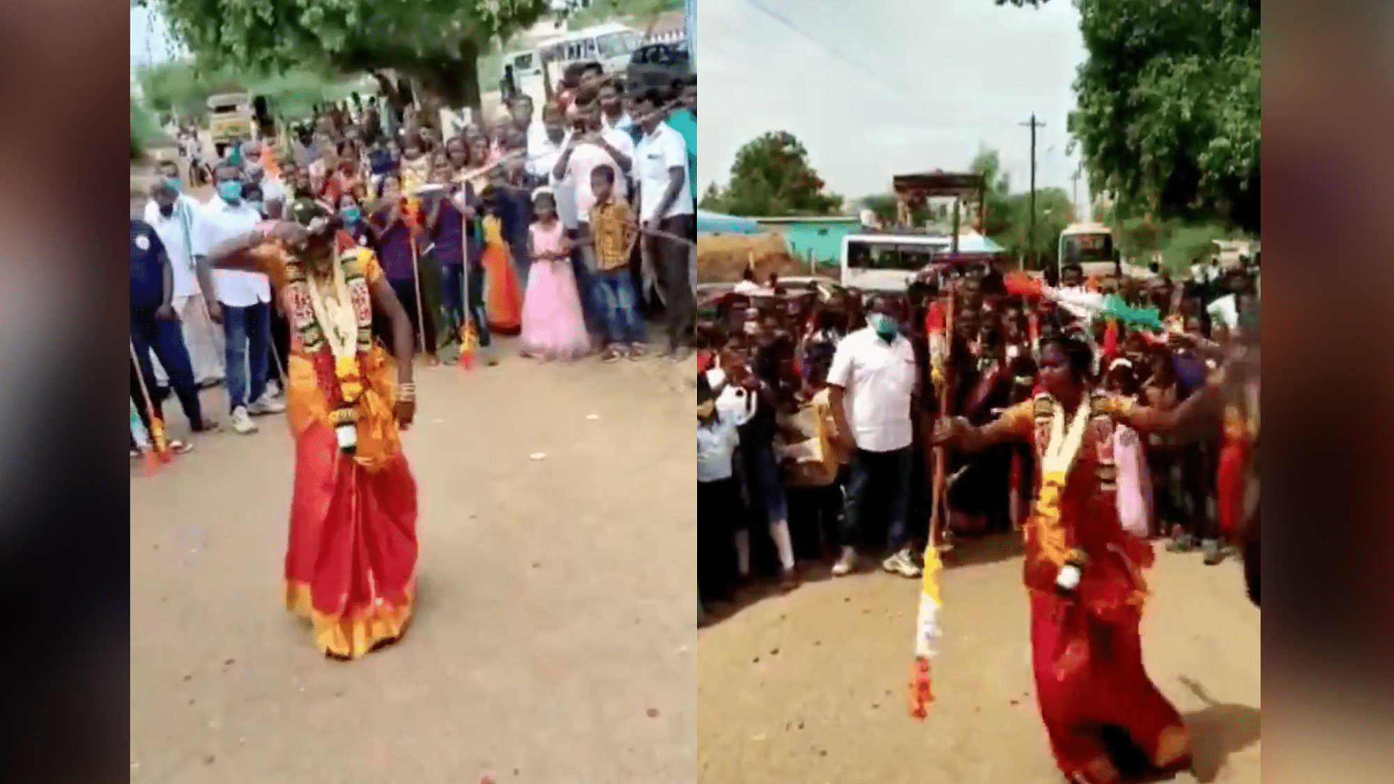 <div class="paragraphs"><p>P Nisha performs Surul Vaal Veechu and Silambam for guests present at her wedding</p></div>