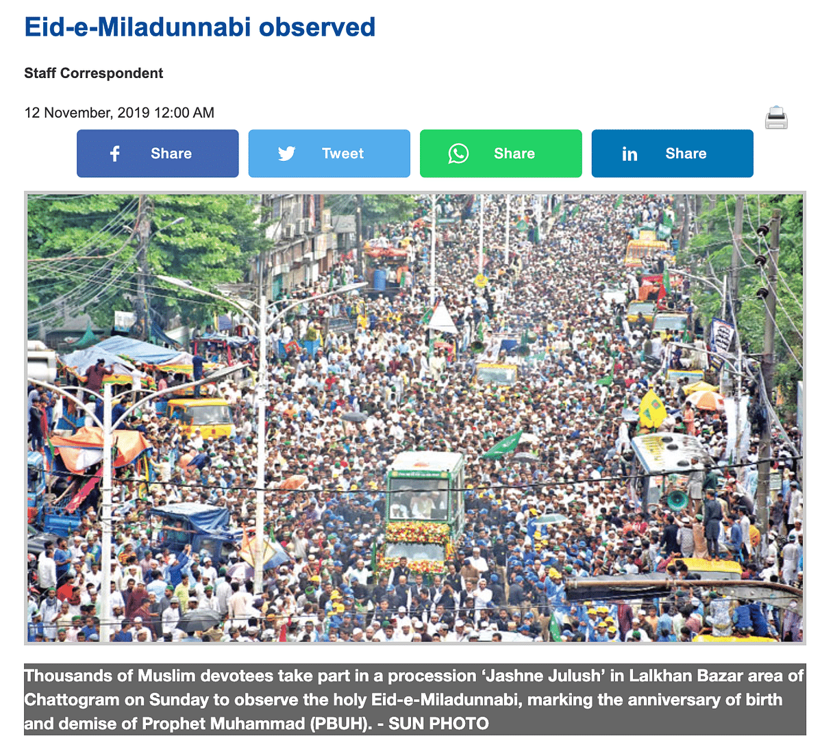 The image is from Chittagong, Bangladesh, in 2019 where devotees took part in a religious procession. 