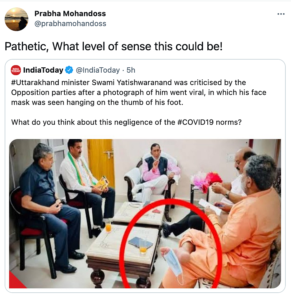 Picture of Uttarakhand Minister's Mask on His Toe Goes Viral, Twitter Reacts