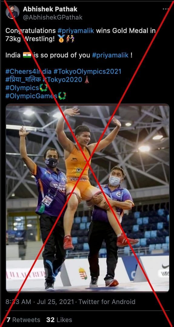 The wrestler's win was misunderstood by many social media users as a wrestling gold medal at Tokyo Olympics.